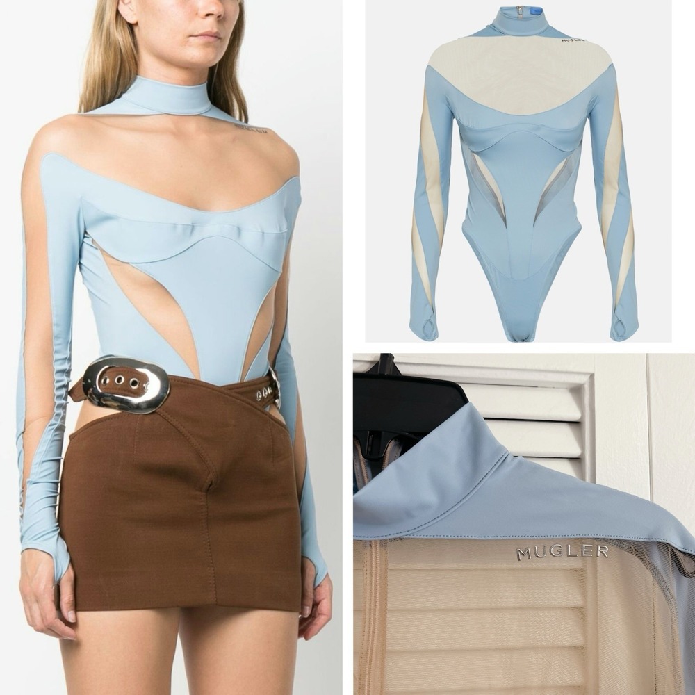 Mugler panelled sheer Illusion Cut Bodysuit Light Blue Nude Size 46 US 14 $880